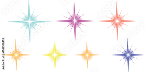 A collection of colorful starburst symbols designed with a radiant glow on a clean white background isolated on transparent background