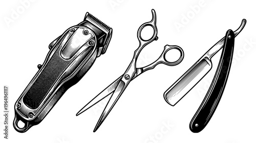 Barber tools including a clipper, scissors and straight razor