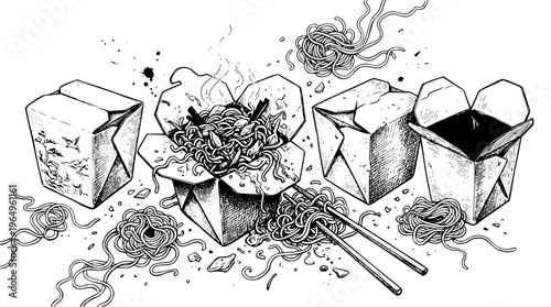 Vector illustration of takeout containers with noodles and chopsticks