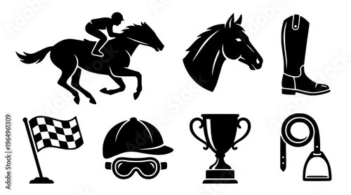Black silhouettes of horse racing and equestrian equipment icons