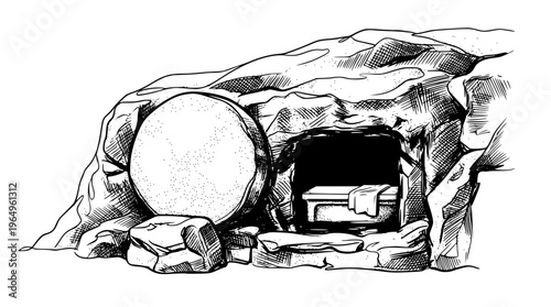 Ancient stone cave with a large round rolling stone door