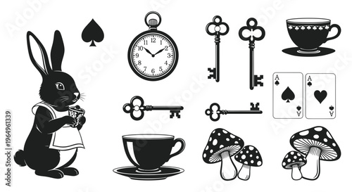 Alice in Wonderland Black Silhouette Icons: Rabbit, Clock, Keys, Teacups, Mushrooms, Cards