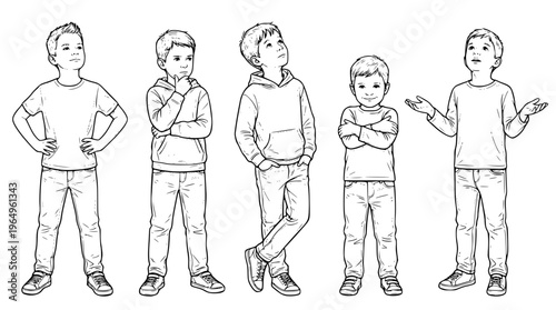 Five boys in different poses and expressions illustrated