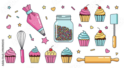 Baking Supplies and Cupcakes: Frosting Bag, Whisk, Rolling Pin, Sprinkles