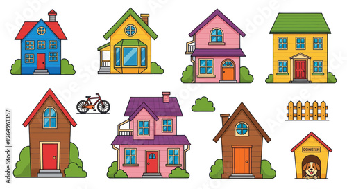 Colorful Cartoon Houses Collection, Cute Neighborhood Houses, Doghouse and Bicycle