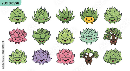 Cute Kawaii Succulent Plants with Faces - Vector Illustration