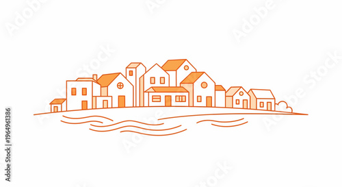 Orange and white houses on water.