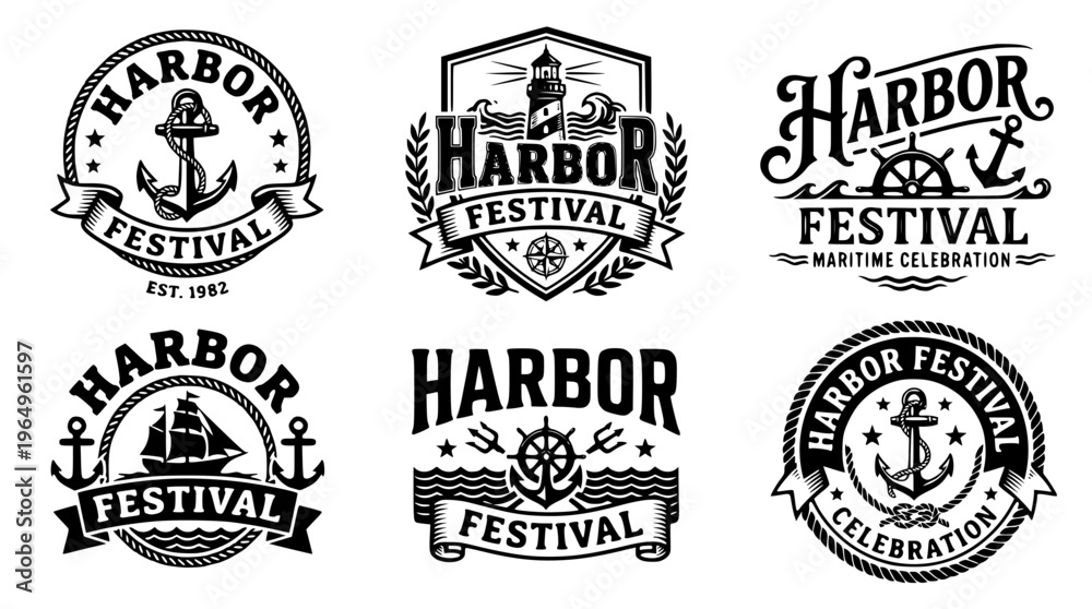 Fototapeta premium Set of six harbor festival vector graphic illustrations
