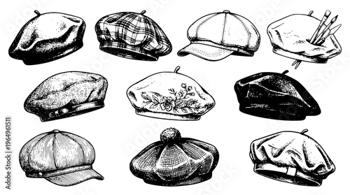 Various styles of hats in a vector graphic illustration