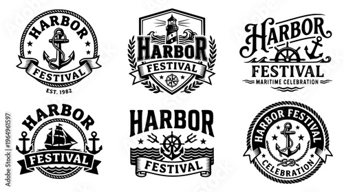 Set of six harbor festival vector graphic illustrations