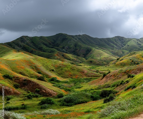 Wallpaper Mural Rolling Hills of Verdant Beauty: A breathtaking vista unfolds, where emerald hills roll gently under a dramatic, overcast sky, interwoven with bands of colorful flora. Torontodigital.ca