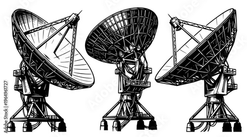 Three satellite dishes on metal stands with antennae installed