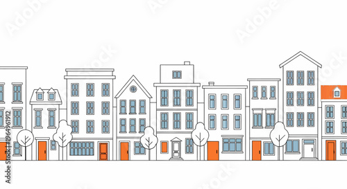 Bilde på lerret Row of modern townhouses with orange doors.