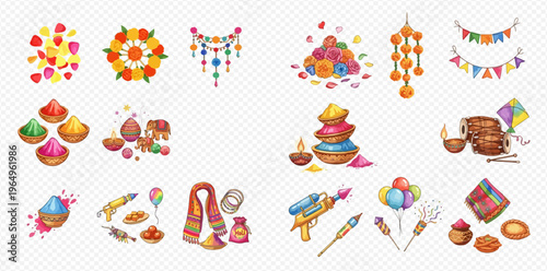 Holi festival celebration elements set with colorful powder, garlands, sweets, and water guns for Indian holiday.