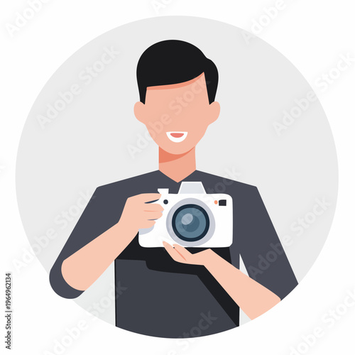 Smiling male character illustration holding a camera, symbolizing photography passion or professional capture