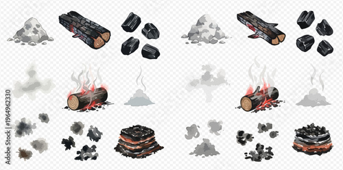 Wood and charcoal burning process with fire, smoke, and ash.