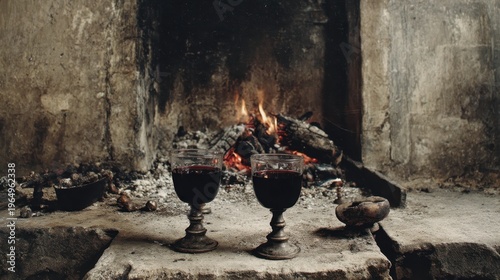 Cozy Flames and Cabernet: An intimate moment of warmth and relaxation unfolds as two elegant glasses of rich cabernet sauvignon stand poised before a crackling fireplace.