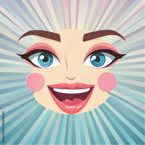 Joyful woman's face with bright blue eyes and rosy cheeks smiling broadly