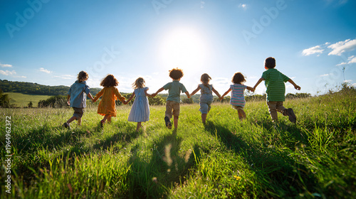 Back view of a diverse group of preschool children holding hands and running together across a green field towards the bright sun, symbolizing freedom and friendship.