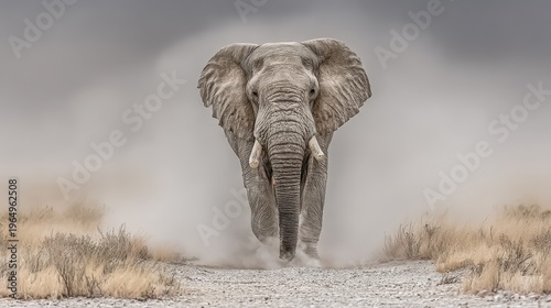 Majestic Elephant in Dusty Path: Captivating shot of a large elephant kicking up dust as it moves directly toward the camera.