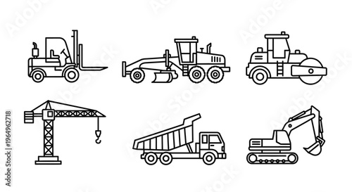 Heavy construction vehicles and equipment icons.