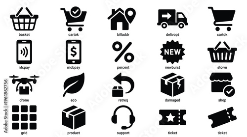 Set of 20 Black E-commerce Shopping and Delivery Icons Vector