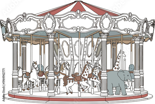 Vintage Carousel with Animals Horses and Elephant Merry Go Round Illustration