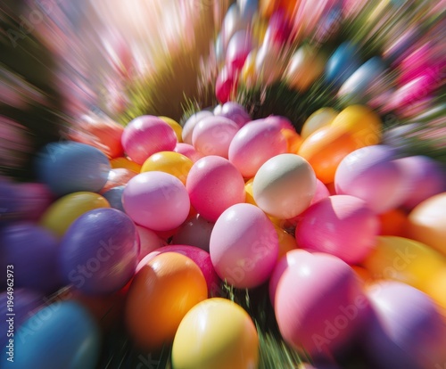 Colorful Easter Eggs Display: A vibrant, close-up shot capturing the essence of the season with an array of brightly colored Easter eggs nestled amongst lush greenery.