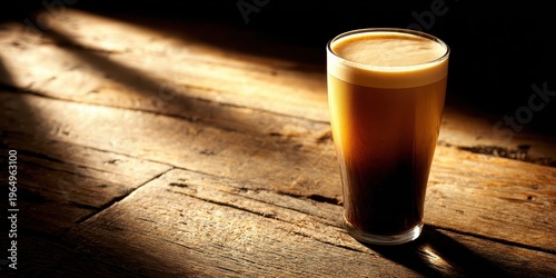Artisanal Pint of Beer: An inviting pint glass, filled with a rich, dark ale crowned with a creamy foam, rests on a rustic wooden surface bathed in the soft glow of a ray of light.