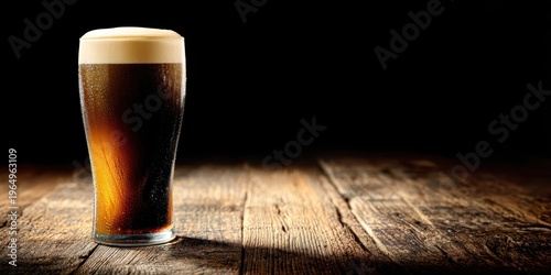 Malty Brew Delight: A solitary glass of dark, rich beer sits atop a weathered wooden table. A single light illuminates the beer, which creates a mesmerizing interplay of light and shadow.