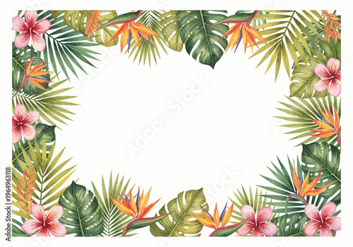 Tropical leaves and flowers border frame.