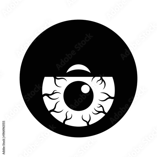 black and white circular eye icon with bloodshot