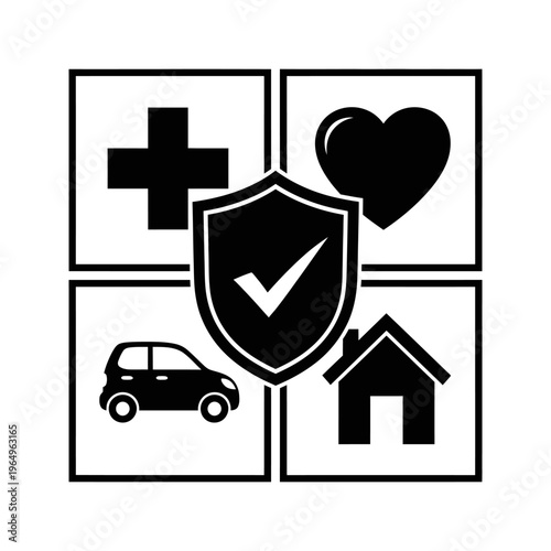 Black and white icon set with shield, medical cross, heart, car, and house