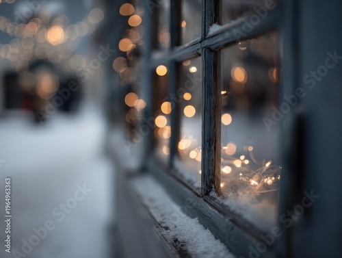 Wallpaper Mural Warmth Through The Window: The photograph captures a close-up of a window, framing a serene winter scene with a delicate snowfall, where cozy interior lighting shines through. Torontodigital.ca