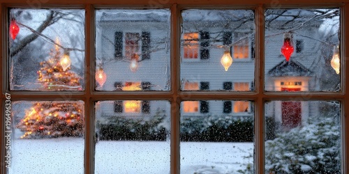 Wallpaper Mural Winter View from the Window: A picturesque scene of a snow-covered suburban neighborhood is framed by a frost-covered window pane. The warmth of decorated houses through the chilled glass. Torontodigital.ca