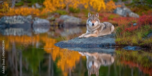Wallpaper Mural Wolf by the water: A majestic wolf rests peacefully on a rock by the tranquil water's edge, reflecting the vibrant autumn foliage in the calm surface below. Torontodigital.ca