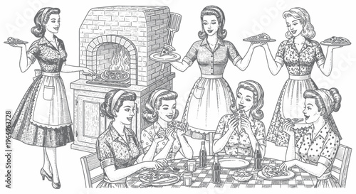 Retro Women Enjoying Pizza Party by Brick Oven