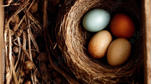 Wallpaper Mural Nest and Eggs: A close-up view unveils the intricate detail of a bird's nest cradling four delicate eggs, each a unique shade, representing the promise of new life. Torontodigital.ca