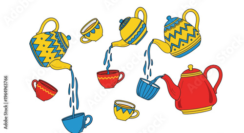 Whimsical Teapots Pouring into Cups, Colorful Illustration