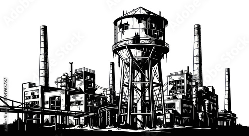 Abandoned Industrial Factory, Ruined Power Plant, Grunge Urban Landscape