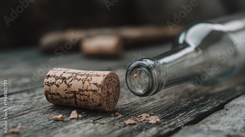 Wine Bottle and Cork: A close-up shot revealing the texture of a wine cork beside a glass bottle, conveying a sense of relaxation and the simple pleasures of life.