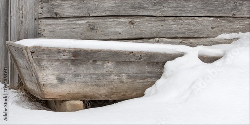 Wallpaper Mural Weathered Trough in Winter: A rustic wooden trough, aged by time and elements, rests beneath a layer of pristine snow, evoking a sense of tranquility. The scene is of old-world charm. Torontodigital.ca