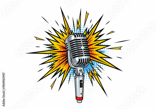 Vintage Microphone with Colorful Explosion.