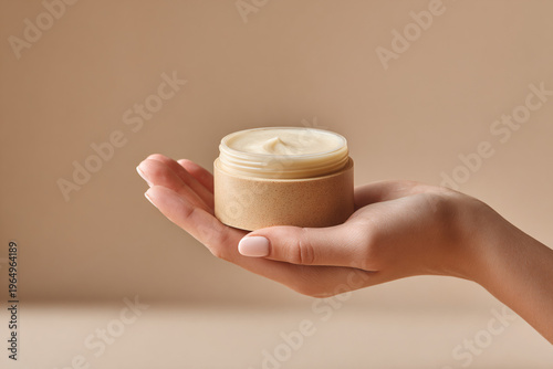 Clean and organic aesthetic of a skincare routine featuring cream texture on a beige background with soft lighting and copy space.