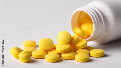 Close-up of yellow vitamin pills spilling out of a bottle on a white background, representing health, wellness, and daily supplements.