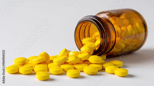 Close-up of yellow vitamin pills spilling out of a bottle on a white background, representing health, wellness, and daily supplements.