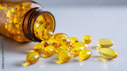 Close-up of yellow vitamin pills spilling out of a bottle on a white background, representing health, wellness, and daily supplements.