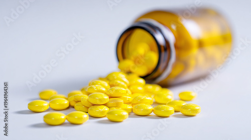 Close-up of yellow vitamin pills spilling out of a bottle on a white background, representing health, wellness, and daily supplements.
