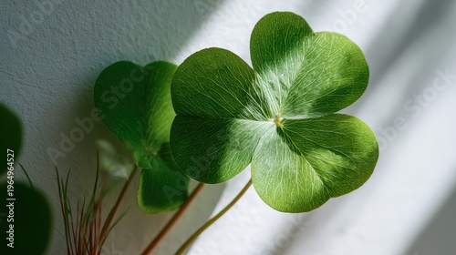Wallpaper Mural Lucky Clover Under Sunlight: A close-up shot captures the exquisite detail of a four-leaf clover, basking in the warm glow of sunlight. Its vibrant green leaves stand out against the backdrop. Torontodigital.ca