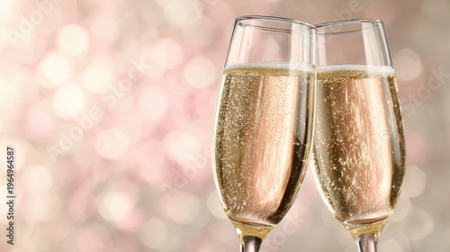 Champagne Toast of Celebration: Two elegant champagne flutes clink together in a gesture of celebration, a moment of joy captured against a soft, festive bokeh background.
